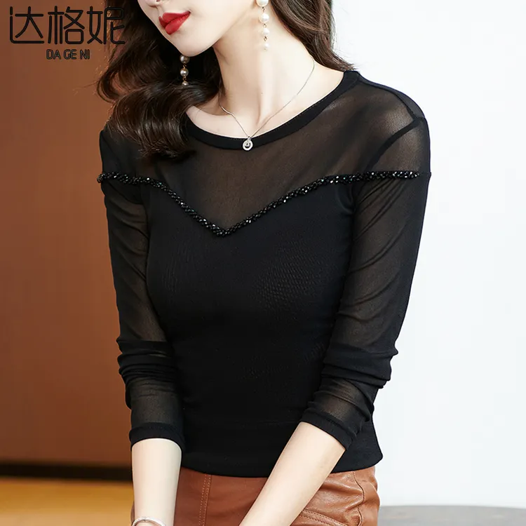 黑色网纱打底衫女2025春秋新款时尚内搭长袖T恤妈妈洋气蕾丝上衣