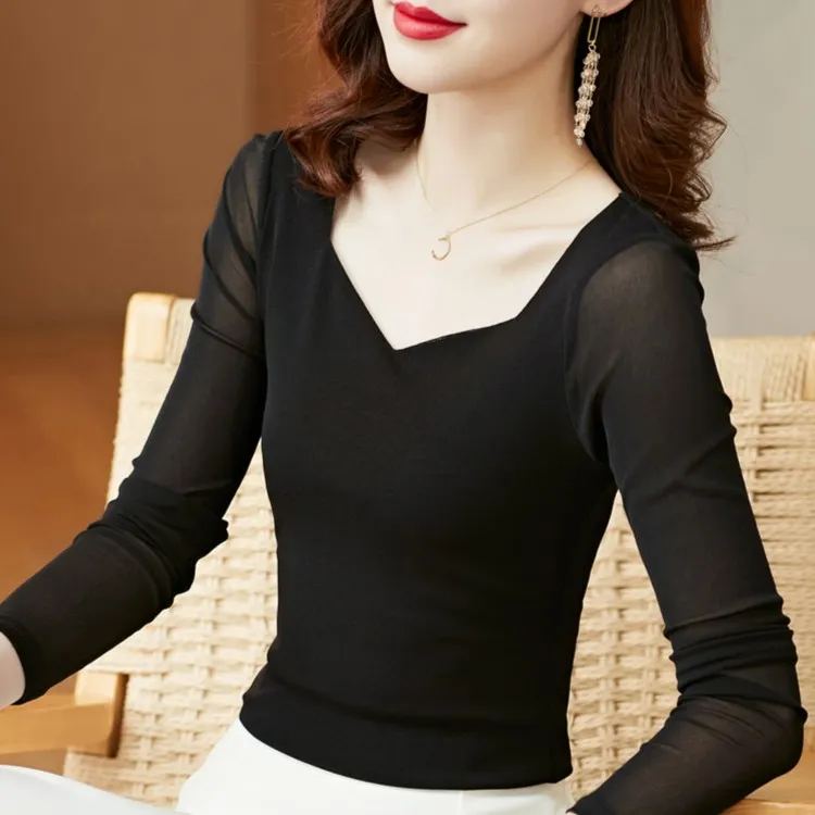 高档网纱打底衫内搭洋气小衫女2025春秋新款长袖t恤纯色紧身上衣