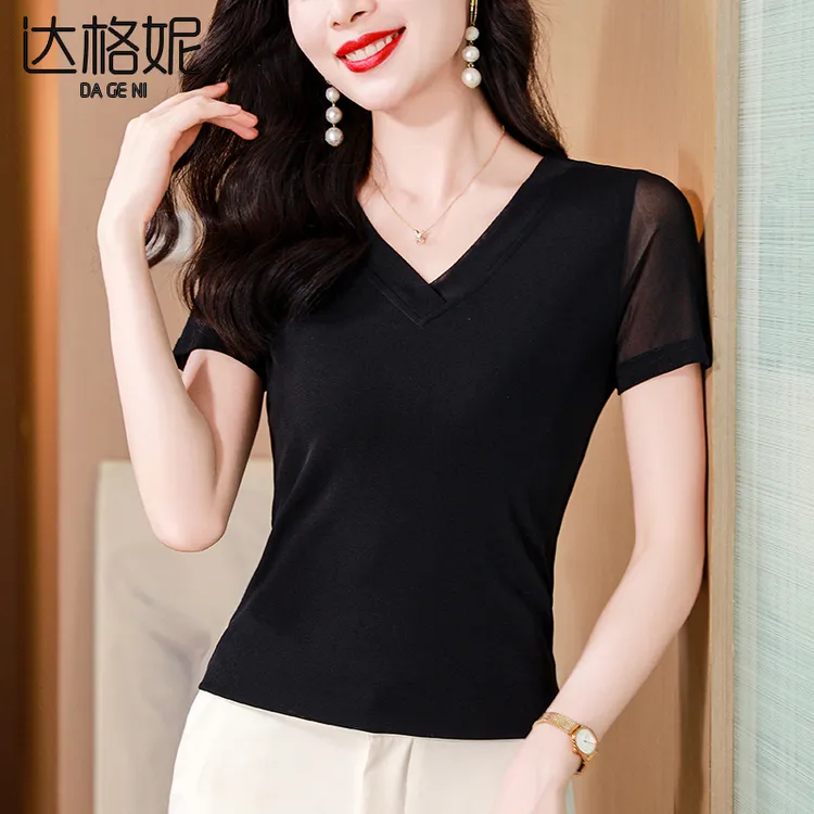 黑色网纱短袖t恤女夏季2025新款内搭蕾丝打底衫半袖薄款小衫上衣