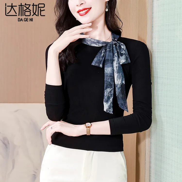 法式蝴蝶结飘带长袖上衣女2025春秋新款打底衫内搭外穿设计感小衫