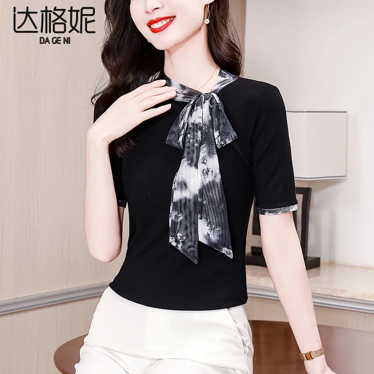 2025夏季新款围巾领系带打底衫女外穿内搭上衣设计感洋气短袖T恤