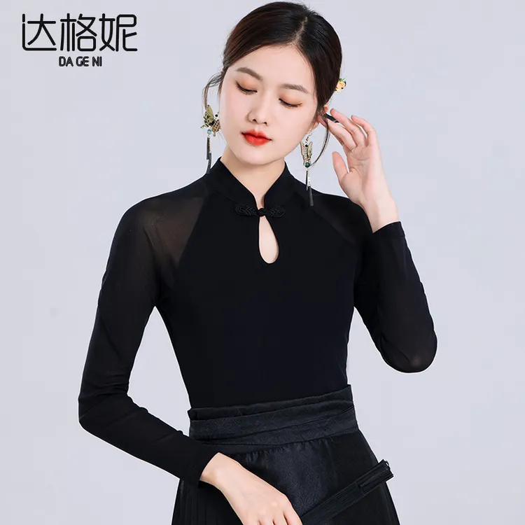 国风新中式盘扣上衣2025春秋新款女装气质复古旗袍领网纱打底小衫