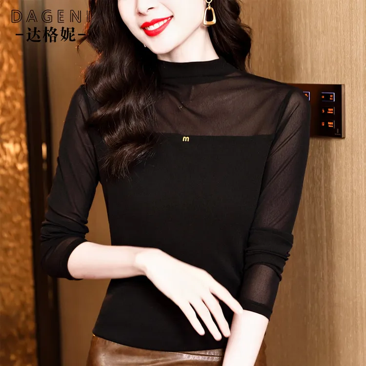 半高领网纱打底衫女内搭秋季2025新款长袖t恤洋气小衫蕾丝上衣潮
