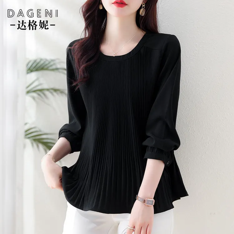 胖mm黑色百褶T恤打底衫女装2025秋季新款大码宽松遮肚子长袖上衣