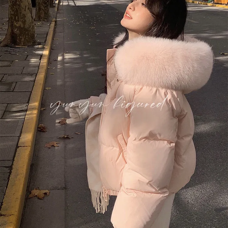 冬季加厚短款白鸭绒外套狐狸大毛领面包服小个子