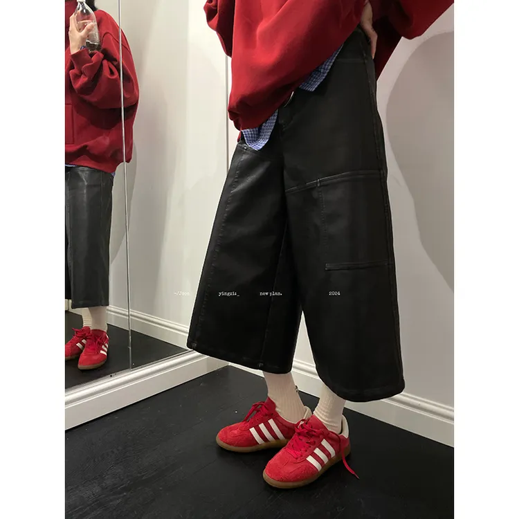 JCCC影子【皮革序曲】时尚百搭黑咖色宽松阔腿PU皮裤八分裤JE4HOU10