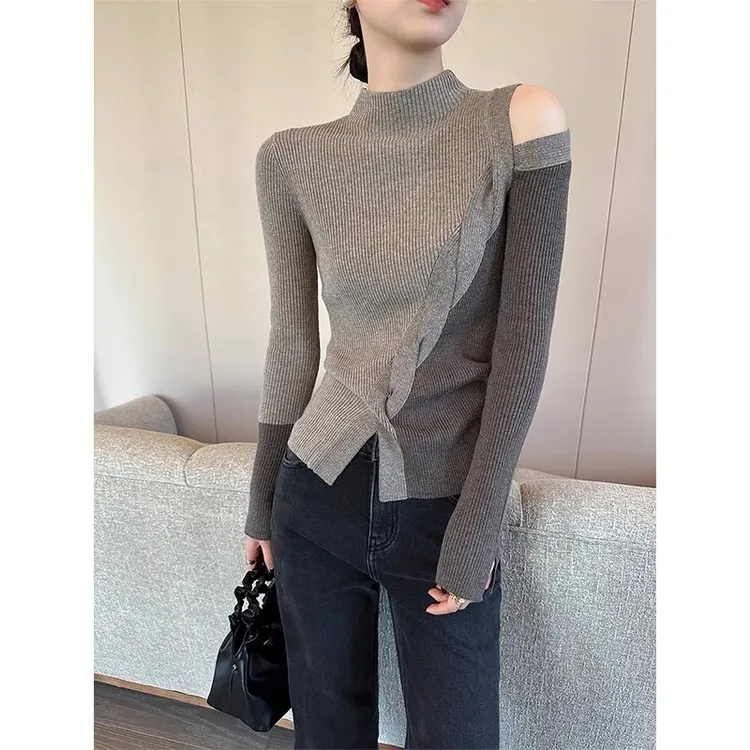 气质不规则外穿设计感半高领毛衣女秋冬洋气针织衫露肩打底衫上衣
