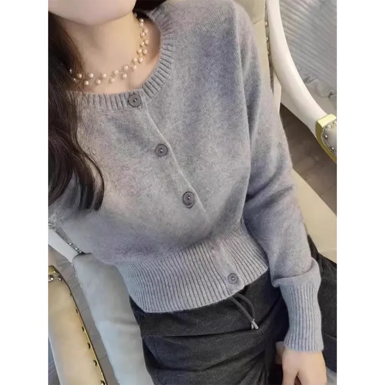 韩系百搭灰色长袖收腰针织开衫女秋冬款显瘦气质毛衣外套短款上衣