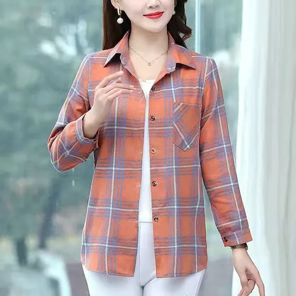 2025夏季新款外套女宽松长袖妈妈装经典格子衬衣中年减龄衬衫上衣