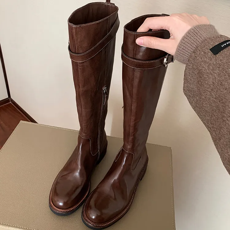 水洗牛皮~真皮褶皱厚底长筒靴女秋冬粗跟皮带扣骑士靴女高筒长靴