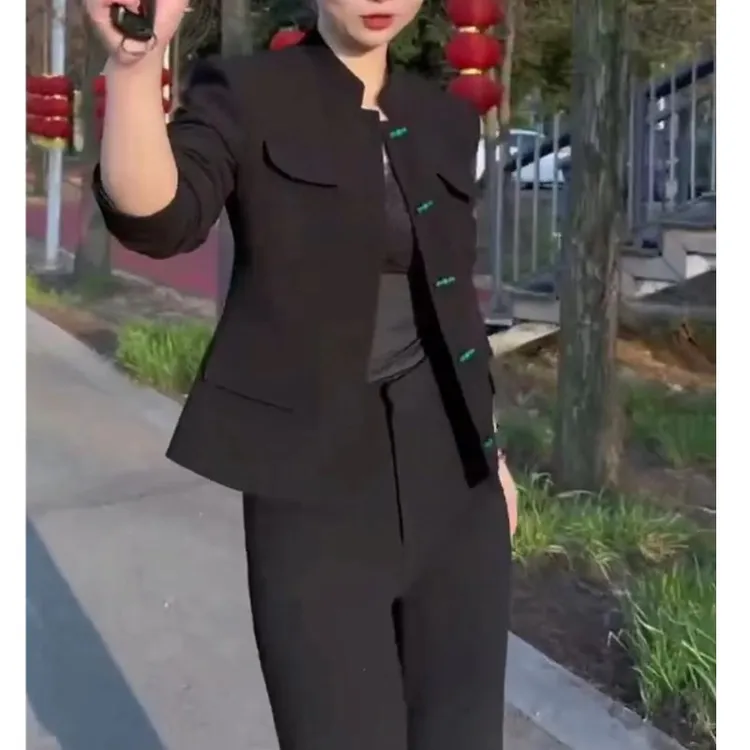 2024春季新款时尚新中式国风盘扣上衣微喇休闲裤女