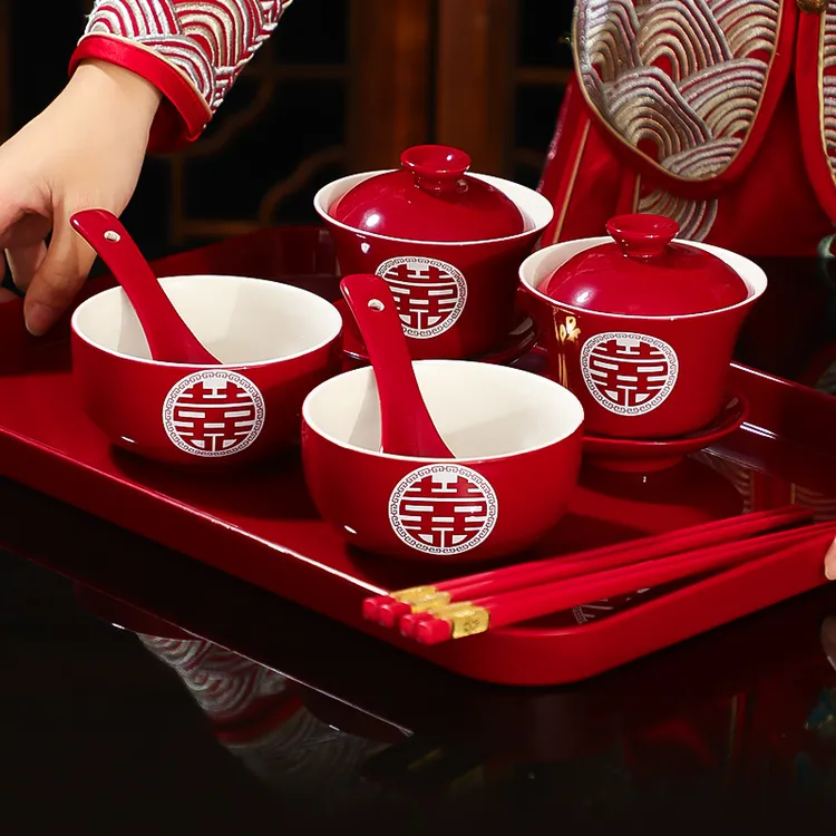 菲寻敬茶杯子结婚喜碗婚礼改口红色敬酒茶杯碗筷套装陪嫁用品大全商品图
