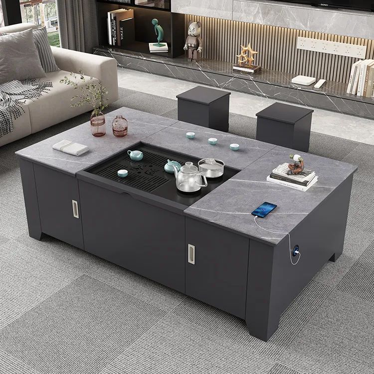 高端大气升降茶几办公室客厅家用茶台泡茶茶几高级感岩板轻奢茶桌