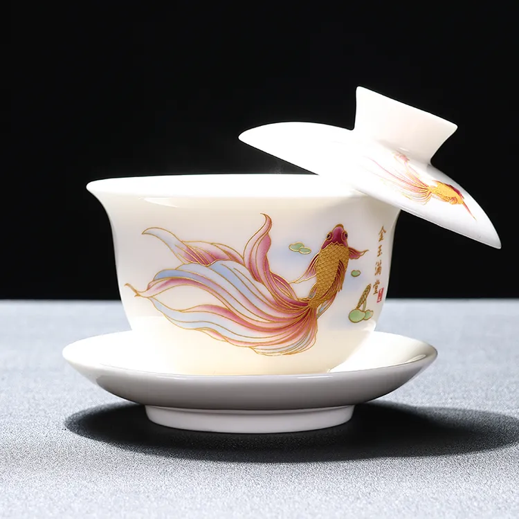 羊脂玉功夫茶具三才盖带盖陶瓷大容量茶盖碗可悬停盖碗白瓷手抓壶