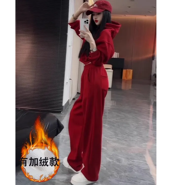 红色冬季新款时尚套装加绒保暖连帽卫衣松紧腰卫裤显瘦两件套