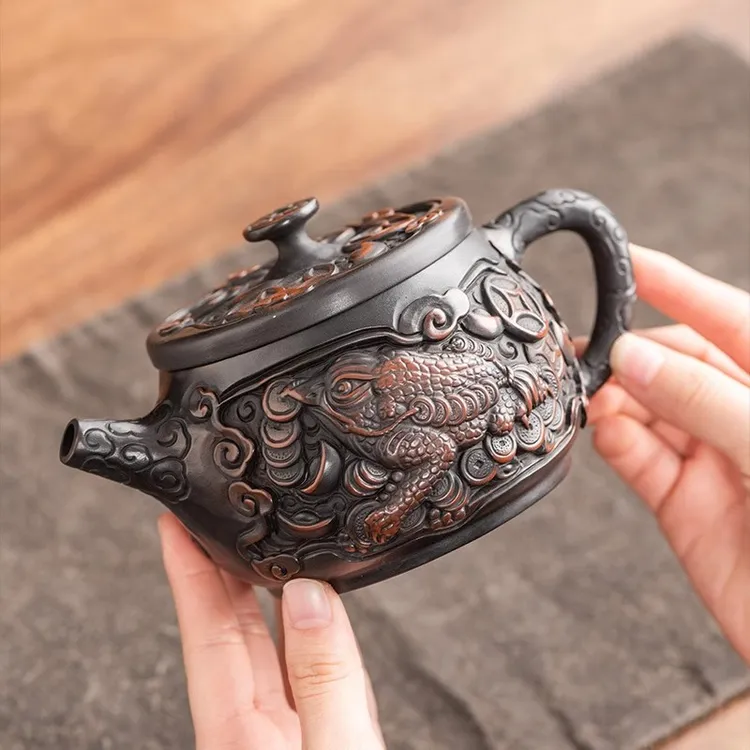 云南紫陶金蟾紫陶浮雕壶家用高档陶瓷大容量纯手工功夫茶具茶壶