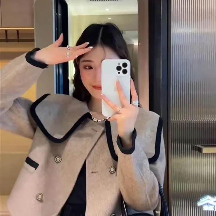 双面羊毛大衣 海军领双排扣小个子小香风长毛绒加厚羊绒双面外套