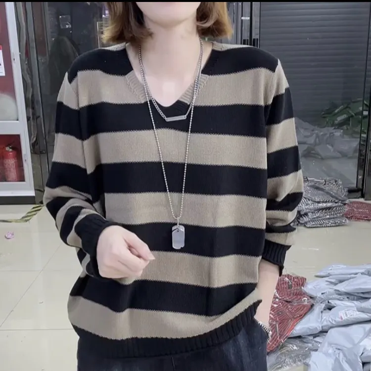 2025春季新款大宽条V领长袖针织衫宽松减龄时尚洋气韩版正品正版