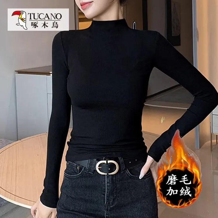 啄木鸟秋冬加厚半高领长袖磨毛加绒修身内搭t恤女保暖打底衫上衣