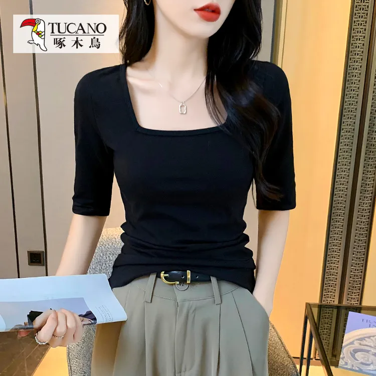啄木鸟JS夏季方领爆款棉质中袖女士修身打底外穿百搭正肩修身上衣