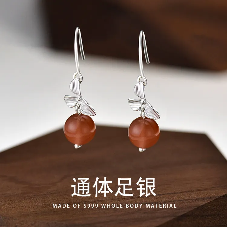 足银耳饰 S999纯银三叶草珠珠耳坠女中国风小众设计气质优雅耳环