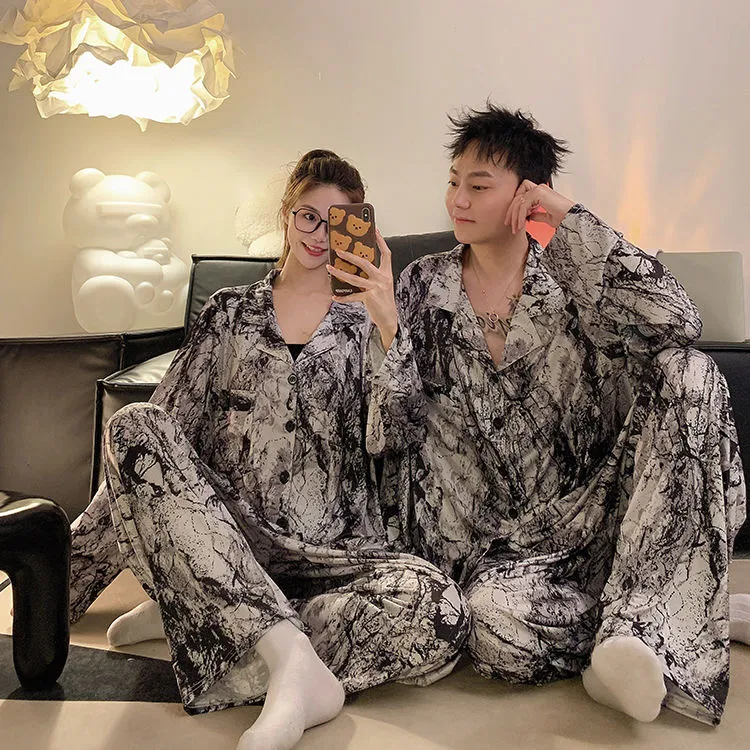 水墨油画情侣款睡衣男女秋季长袖冰丝加肥加大码280斤休闲家居服