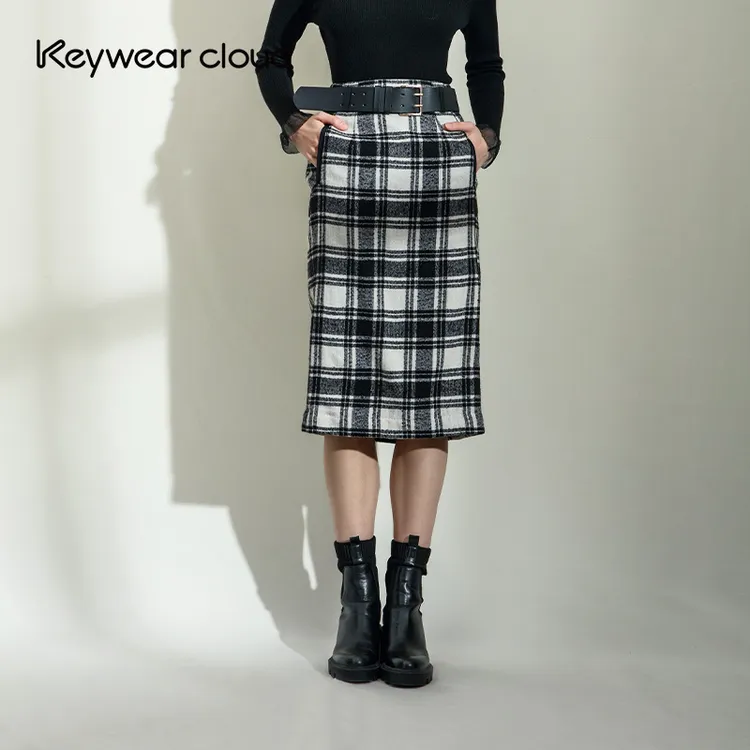 Keywearcloud奇威冬季女装开叉格子中长款半身裙