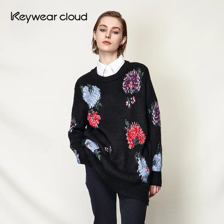 Keywearcloud奇威含马海毛绵羊毛秋季精致提花圆领加厚中长毛衫