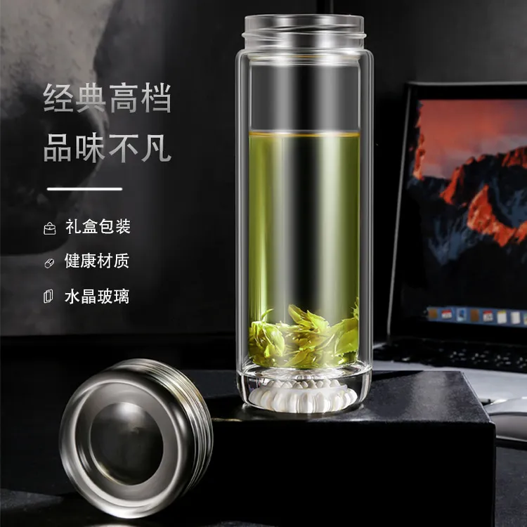 高档双层手工水晶玻璃杯纯水工打磨制作车载泡茶杯大容量水杯