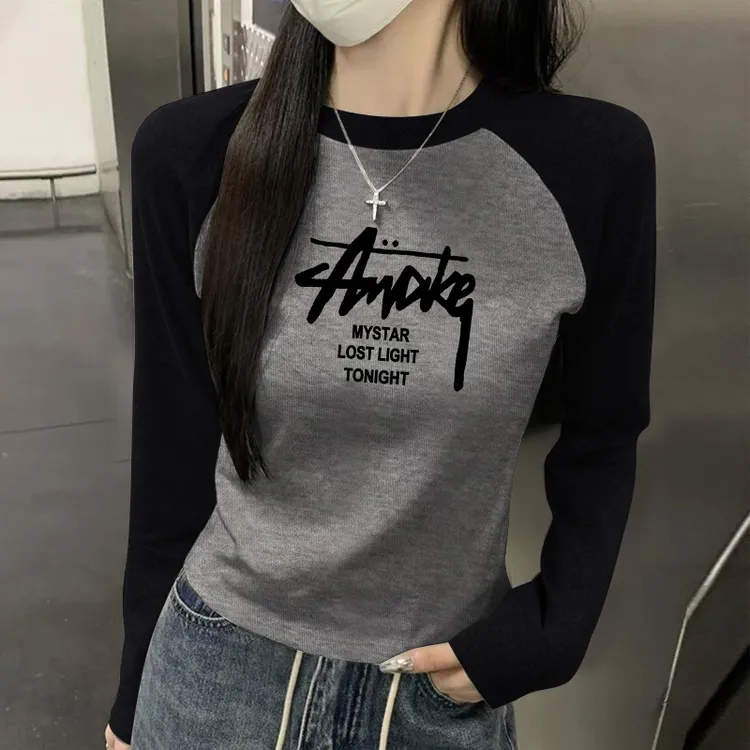 圆领打底衫德绒秋冬款内搭插肩长袖修身印花时尚复古百搭拼接t恤