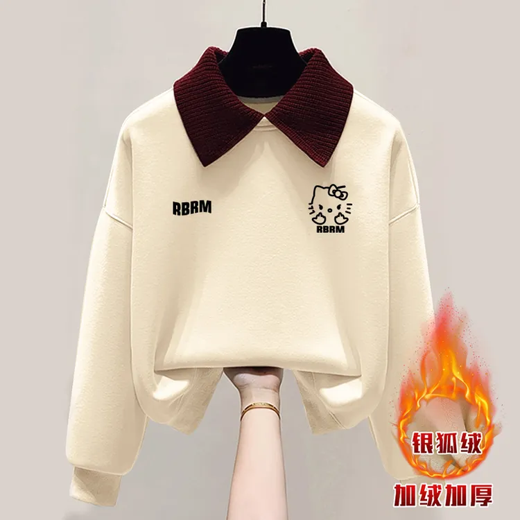 秋冬季拼色POLO领卫衣女2024新款假两件加绒加厚宽松显瘦上衣外套