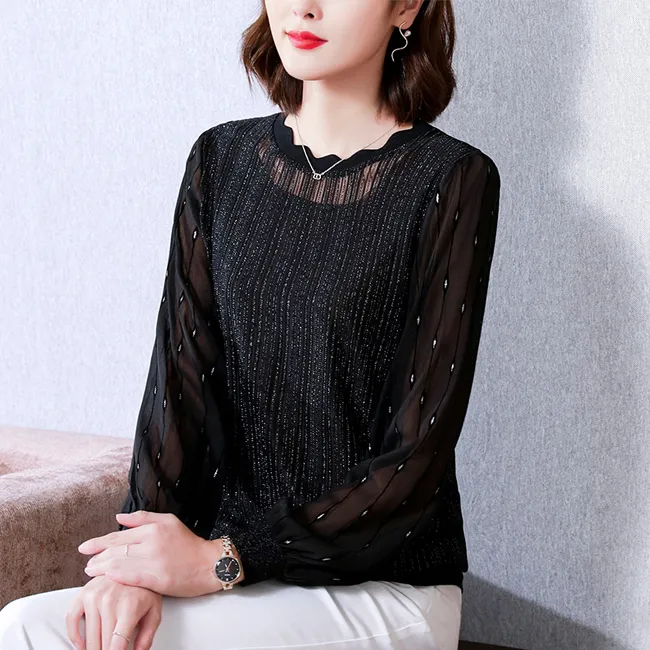 雪纺打底衫春秋新款2025年韩版女装遮肚显瘦拼接百搭气质小衫上衣