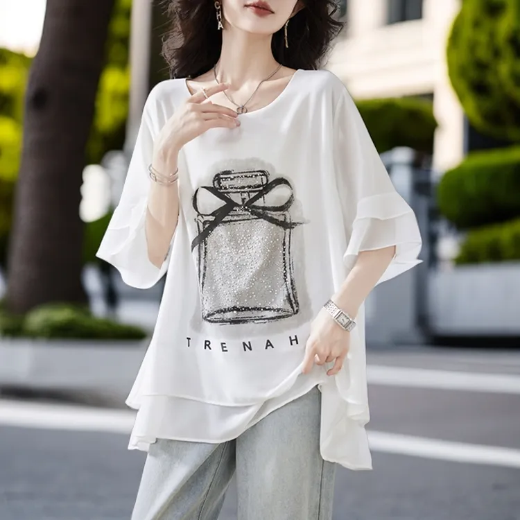 2025年女装夏季新款设计感重工中长款图案宽松洋气时尚短袖T恤女