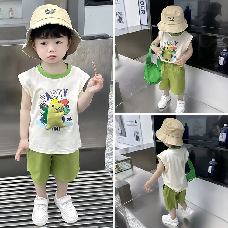 儿童装男童夏装套装2024新款夏季薄款背心帅气男孩夏款恐龙两件套