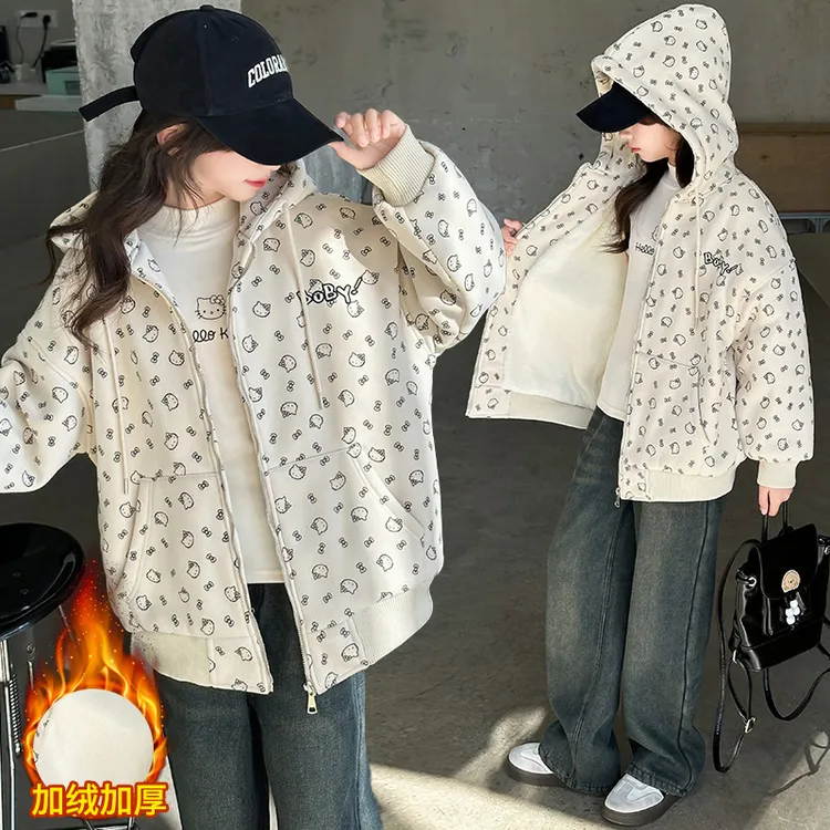 女童冬季加绒加厚外套儿童中大童韩版时尚卡通印花连帽外套女学生