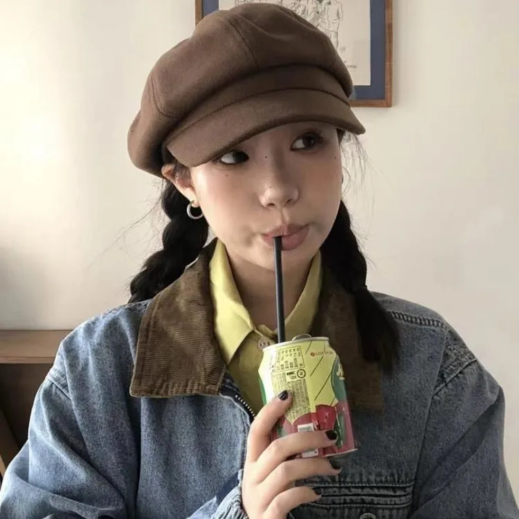 秋冬女帽复古帽子毛呢显脸小八角帽英伦风咖啡色画家帽报童帽潮