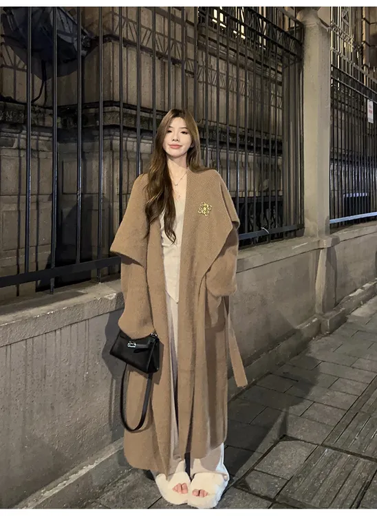 翻领针织开衫长款慵懒水貂绒毛衣外套女秋冬宽松外穿系带浴袍大衣