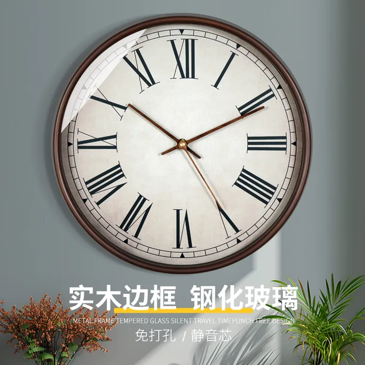 TQJ实木欧式罗马挂钟客厅家用时尚静音时钟挂墙表电波简约石英钟