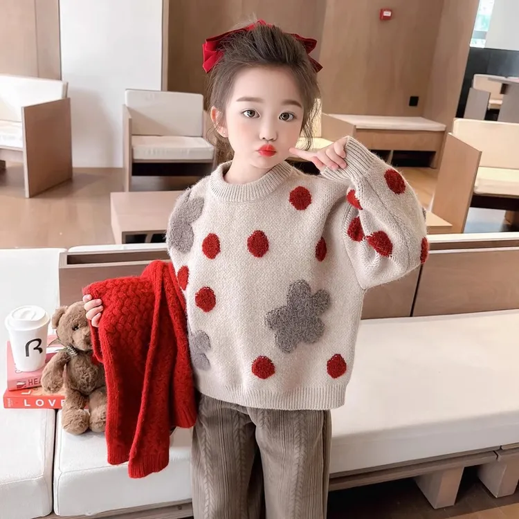 女童毛衣秋冬2025新款儿童加厚冬装圆点针织衫女宝宝洋气时髦外套