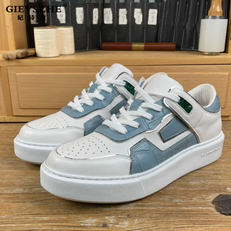 GIEVSZHE/纪诗哲高端纯手工定制鳄鱼皮拼牛皮板男款潮牌痞帅板鞋