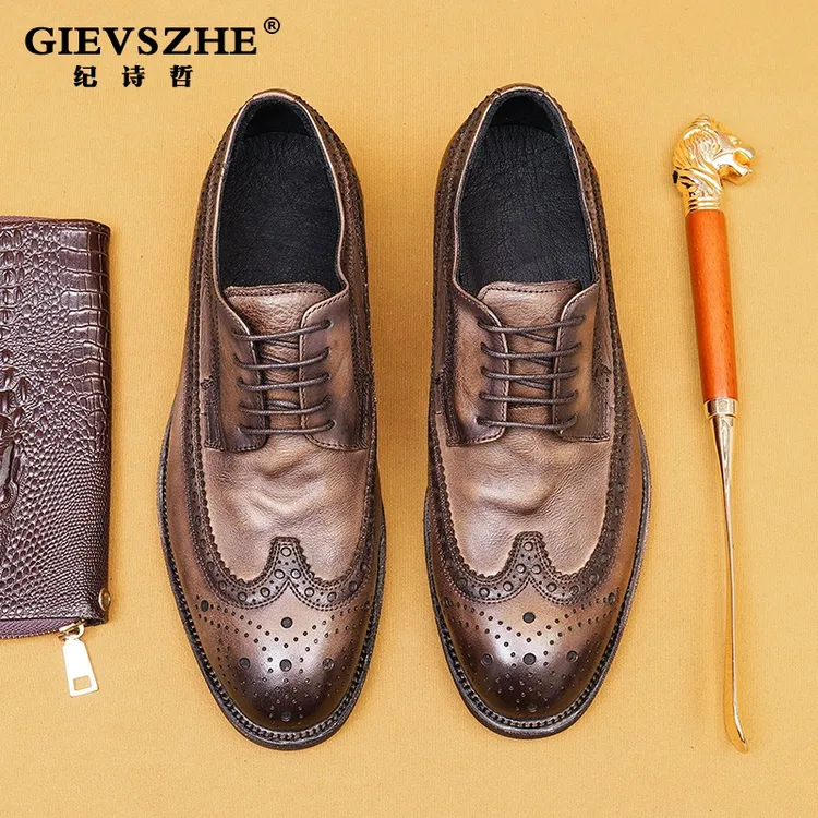 GIEVSZHE/纪诗哲英伦休闲皮鞋男正装商务软底商务牛皮布洛克皮鞋