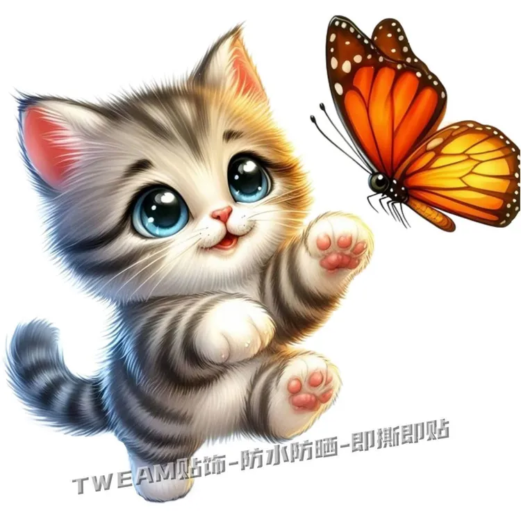 治愈系猫咪蝴蝶嬉戏贴纸儿童房装饰贴画车身遮瑕贴画冰箱马桶贴花