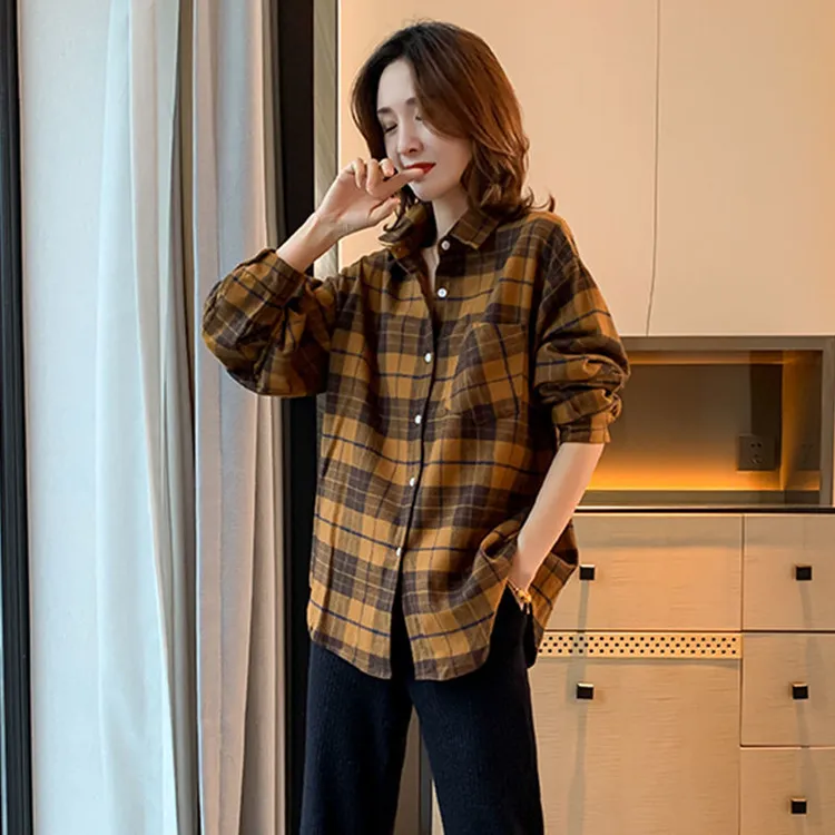 咖色加绒格子衬衫女秋冬欧洲站2025年新款设计感宽松磨毛叠穿衬衣