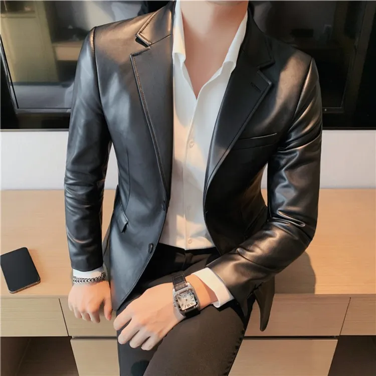 秋装潮流修身皮西装外套男士个性英伦风皮衣西服青年纯色百搭便西