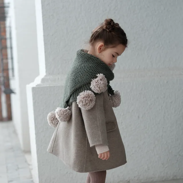 初煦 儿童羊毛围巾冬季宝宝保暖立体球球名媛风纯色百搭针织围巾