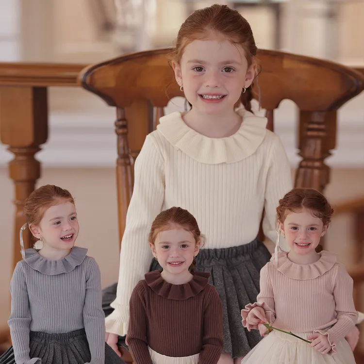 初煦 进店B入！女童秋冬荷叶领打底衫 女宝宝百搭毛衣软糯针织衫