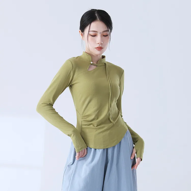 现代舞立领改良复古斜襟盘扣中国风旗袍领禅意舞蹈练功服长袖上衣