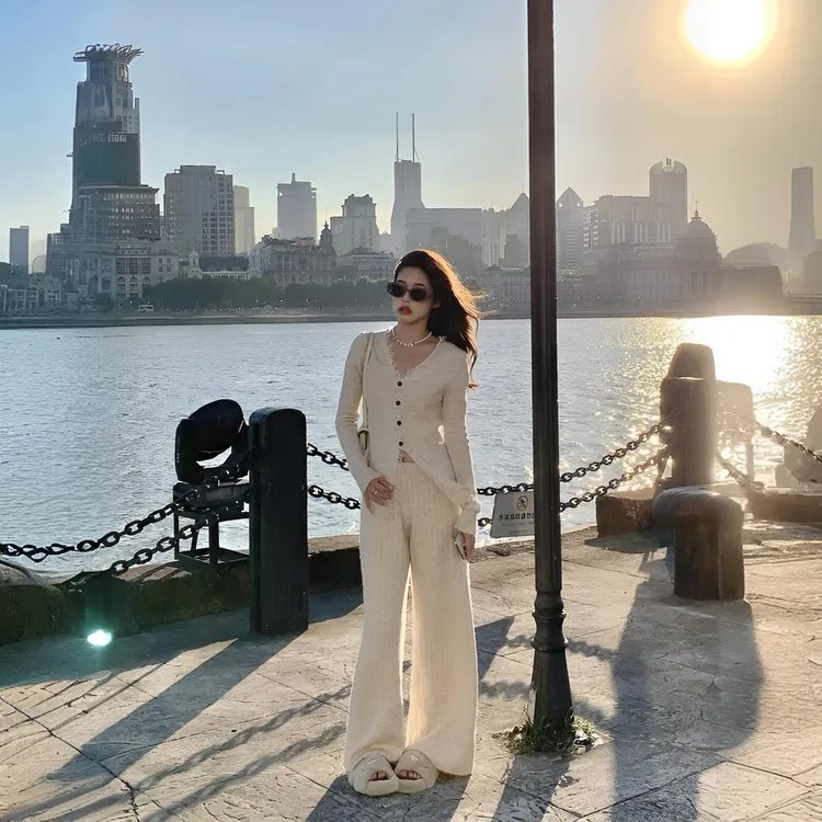 设计感不规则毛边v领针织开衫+高腰垂感显瘦针织直筒裤套装女秋季