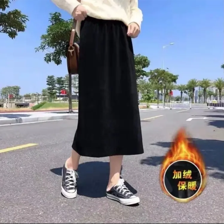 2023简约时尚显瘦秋冬高腰休闲百搭后开叉加绒加厚半身裙