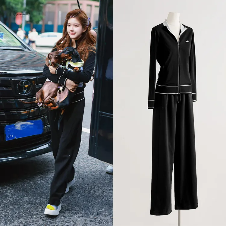 赵露思许妍同款黑色时尚休闲套装上衣直筒阔腿裤两件套